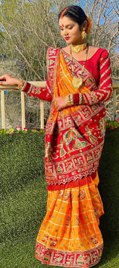 Yellow color Saree in Silk fabric with Embroidered, Stone, Thread work