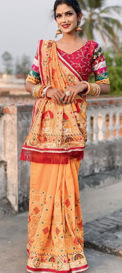 Orange color Saree in Silk fabric with Embroidered, Thread work