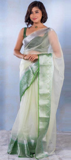 Green color Saree in Organza Silk fabric with Weaving, Zari work