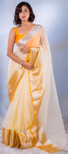 Yellow color Saree in Organza Silk fabric with Weaving, Zari work