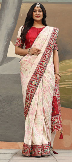 White and Off White color Saree in Kanjeevaram Silk fabric with Embroidered, Stone, Thread work