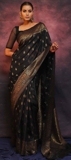 Black and Grey color Saree in Art Silk fabric with Weaving, Zari work