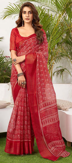 Red and Maroon color Saree in Art Silk fabric with Printed work