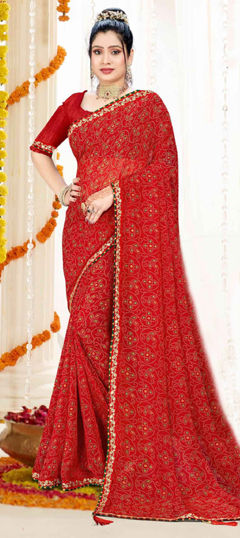 Red and Maroon color Saree in Georgette fabric with Bandhej, Embroidered, Printed, Thread work