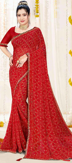 Red and Maroon color Saree in Georgette fabric with Bandhej, Embroidered, Printed, Thread work