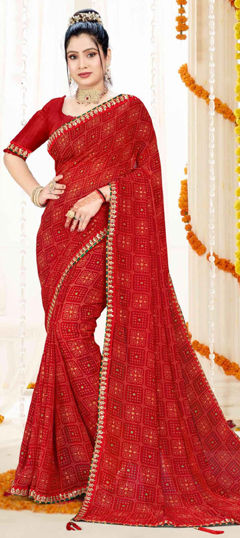 Red and Maroon color Saree in Georgette fabric with Bandhej, Embroidered, Printed, Thread work