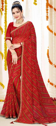 Red and Maroon color Saree in Georgette fabric with Bandhej, Embroidered, Printed, Thread work