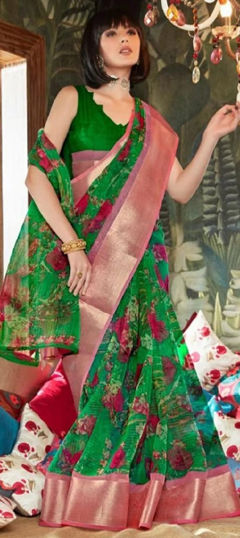 Green color Saree in Organza Silk fabric with Printed work