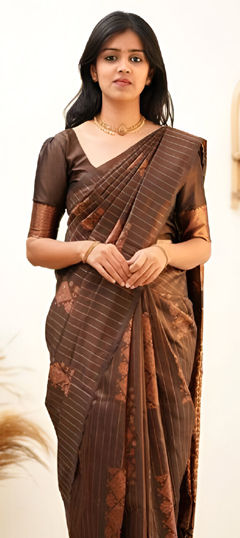 Beige and Brown color Saree in Art Silk fabric with Thread, Zari work