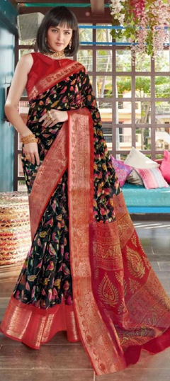 Black and Grey color Saree in Organza Silk fabric with Printed work