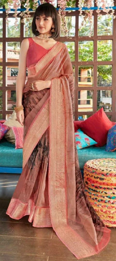 Beige and Brown color Saree in Organza Silk fabric with Printed work