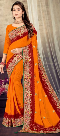 Multicolor color Saree in Georgette fabric with Bandhej, Printed, Thread, Zari work