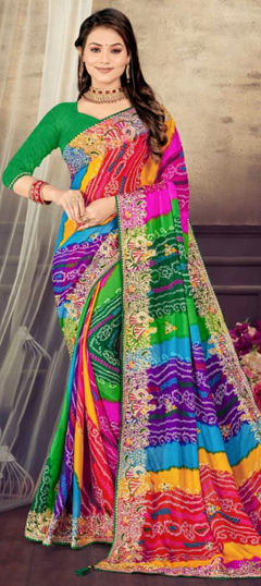 Multicolor color Saree in Georgette fabric with Bandhej, Printed, Thread, Zari work