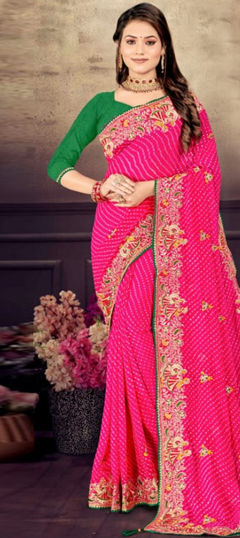 Pink and Majenta color Saree in Georgette fabric with Bandhej, Printed, Thread, Zari work