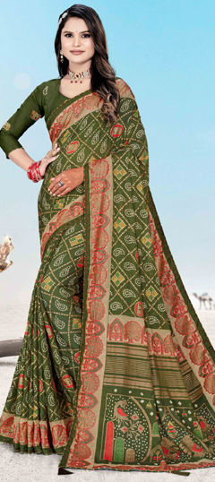 Green color Saree in Art Silk fabric with Bandhej, Printed, Weaving work