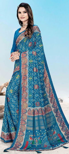 Blue color Saree in Art Silk fabric with Bandhej, Printed, Weaving work