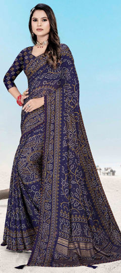 Blue color Saree in Art Silk fabric with Bandhej, Printed, Weaving work