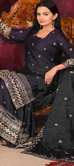 Black and Grey color Salwar Kameez in Art Silk fabric with Embroidered, Sequence work