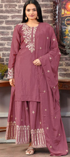 Purple and Violet color Salwar Kameez in Art Silk fabric with Embroidered, Sequence work