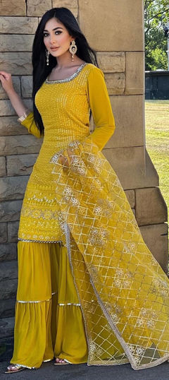 Yellow color Salwar Kameez in Silk fabric with Embroidered, Sequence, Thread work