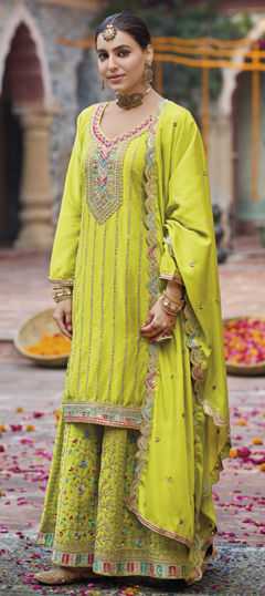 Green color Salwar Kameez in Silk fabric with Embroidered, Resham, Sequence, Thread, Zari work