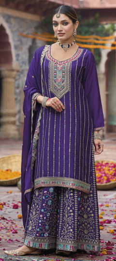 Purple and Violet color Salwar Kameez in Silk fabric with Embroidered, Resham, Sequence, Thread, Zari work