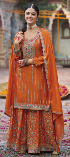 Orange color Salwar Kameez in Silk fabric with Embroidered, Resham, Sequence, Thread, Zari work