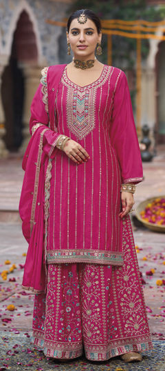 Pink and Majenta color Salwar Kameez in Silk fabric with Embroidered, Resham, Sequence, Thread, Zari work