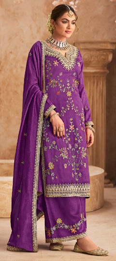 Purple and Violet color Salwar Kameez in Silk fabric with Embroidered, Resham, Stone, Thread work