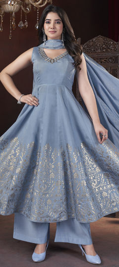 Black and Grey color Salwar Kameez in Silk fabric with Foil Print, Mirror work