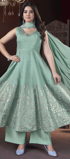 Green color Salwar Kameez in Silk fabric with Foil Print, Mirror work