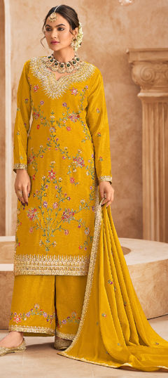 Yellow color Salwar Kameez in Silk fabric with Embroidered, Resham, Stone, Thread work