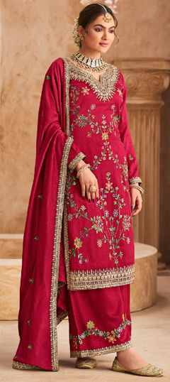 Red and Maroon color Salwar Kameez in Silk fabric with Embroidered, Resham, Stone, Thread work