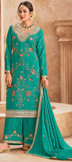 Blue color Salwar Kameez in Silk fabric with Embroidered, Resham, Stone, Thread work