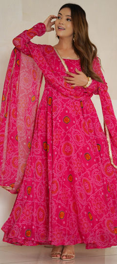 Pink and Majenta color Salwar Kameez in Chiffon fabric with Bandhej, Printed work