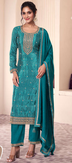 Blue color Salwar Kameez in Silk fabric with Bandhej, Embroidered, Printed, Thread, Zari work