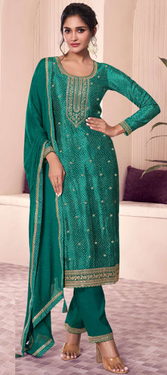 Green color Salwar Kameez in Silk fabric with Bandhej, Embroidered, Printed, Thread, Zari work