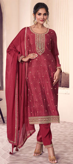 Red and Maroon color Salwar Kameez in Silk fabric with Bandhej, Embroidered, Printed, Thread, Zari work