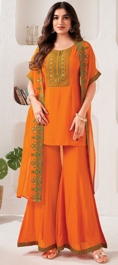 Orange color Salwar Kameez in Silk fabric with Embroidered, Resham, Sequence, Thread work