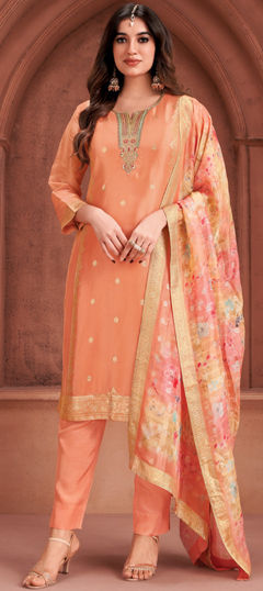 Orange color Salwar Kameez in Silk fabric with Embroidered, Thread, Weaving, Zari work