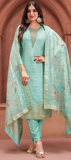Blue color Salwar Kameez in Silk fabric with Embroidered, Thread, Weaving, Zari work