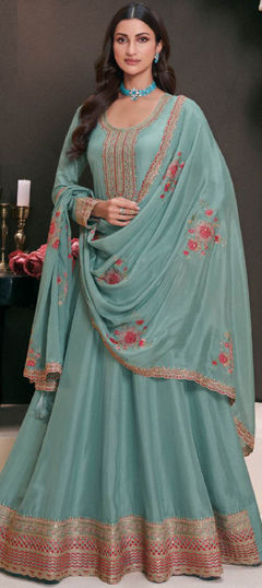Blue color Salwar Kameez in Silk fabric with Embroidered, Sequence, Thread work