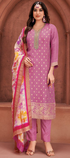 Pink and Majenta color Salwar Kameez in Silk fabric with Embroidered, Thread, Weaving, Zari work