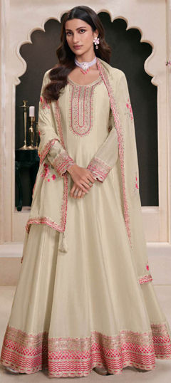 Beige and Brown color Salwar Kameez in Silk fabric with Embroidered, Sequence, Thread work