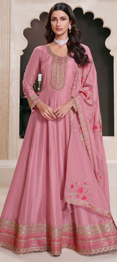 Pink and Majenta color Salwar Kameez in Silk fabric with Embroidered, Sequence, Thread work