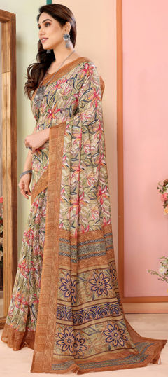 Beige and Brown color Saree in Kota Doria Silk fabric with Printed work