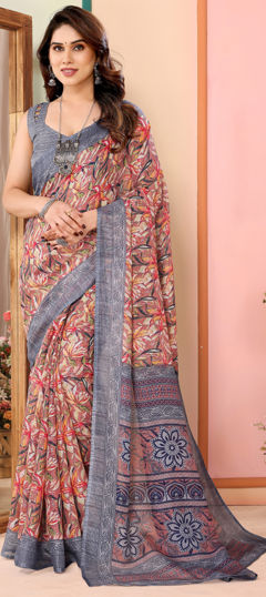 Black and Grey color Saree in Kota Doria Silk fabric with Printed work