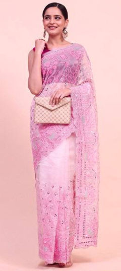 Pink and Majenta color Saree in Organza Silk fabric with Embroidered, Sequence, Thread work