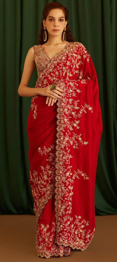 Red and Maroon color Saree in Art Silk fabric with Embroidered, Sequence, Thread work