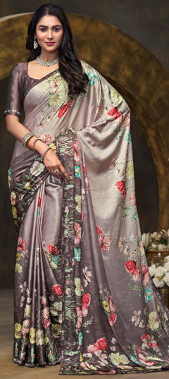 Purple and Violet color Saree in Satin Silk fabric with Floral, Printed work